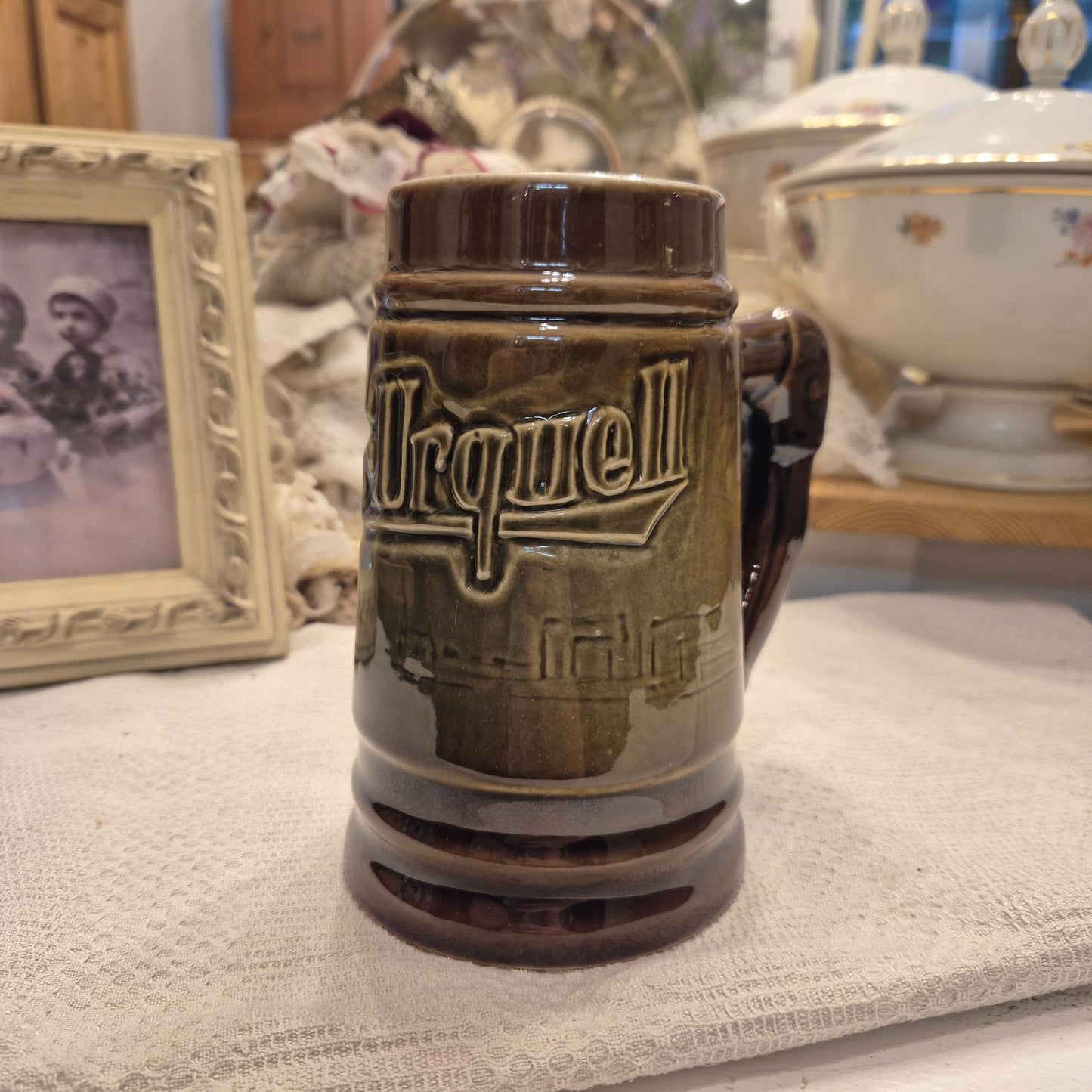 Vintage Keramik Bierkrug Pilsner Urquell Grün braun Geschenk