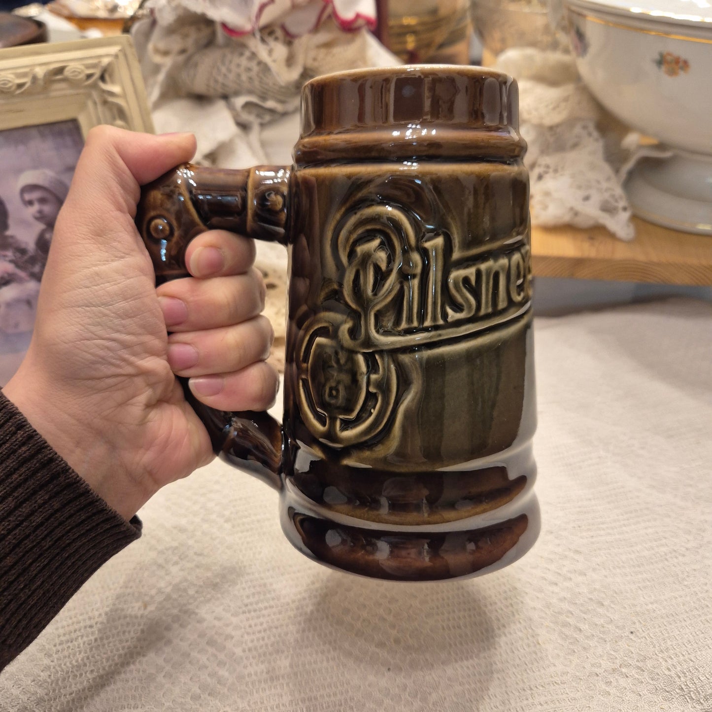 Vintage Keramik Bierkrug Pilsner Urquell Grün braun Geschenk