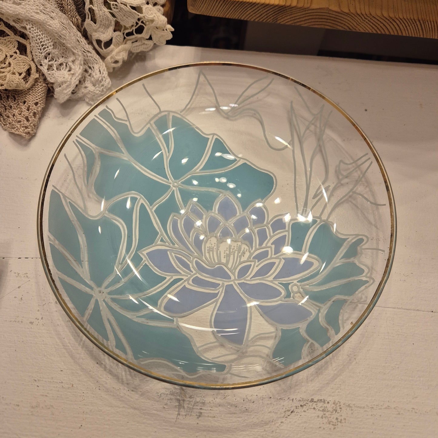 Wunderschöne Art Deco Lotus Blume Teller Glas Vintage rund