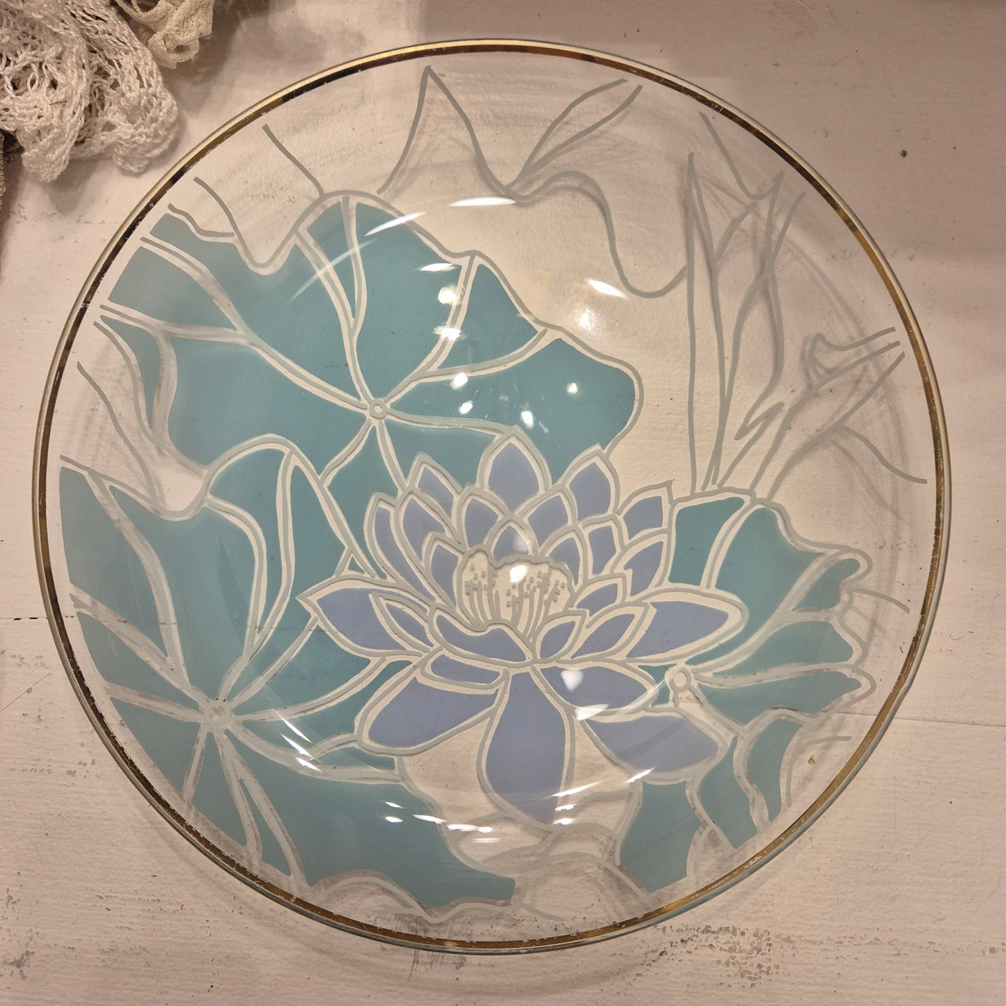 Wunderschöne Art Deco Lotus Blume Teller Glas Vintage rund