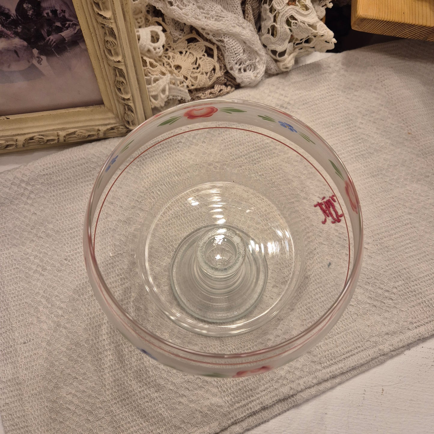 Vintage Glas Schale mit Fuß Bonbon Rosenmalerei Blumen Handbemalt