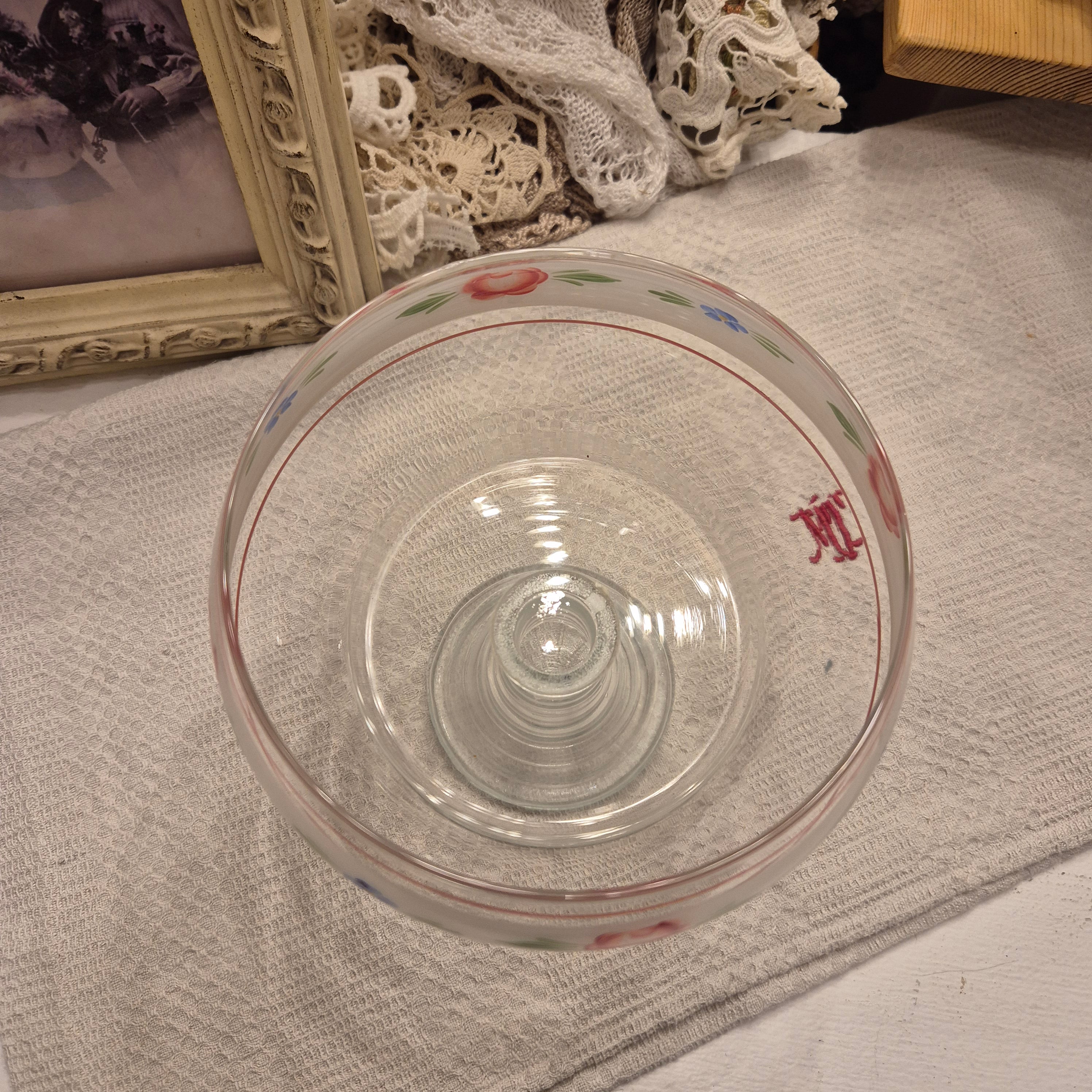 Vintage Glas Schale mit Fuß Bonbon Rosenmalerei Blumen Handbemalt