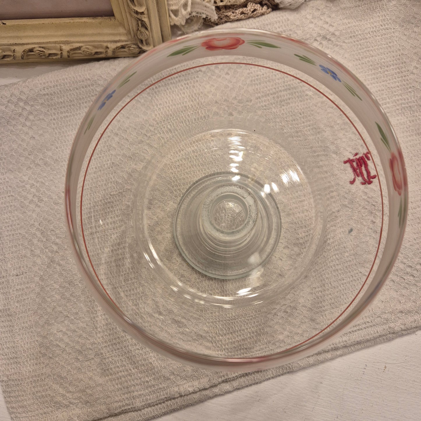Vintage Glas Schale mit Fuß Bonbon Rosenmalerei Blumen Handbemalt