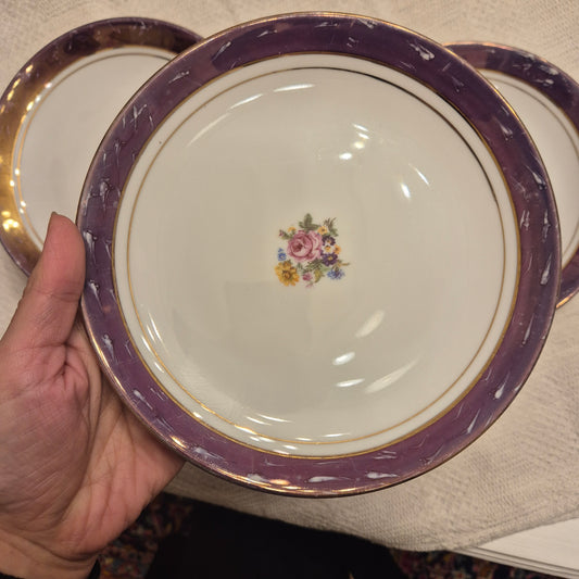 6x Antike Kuchenteller Blumendekor weiß mit lila Goldrand