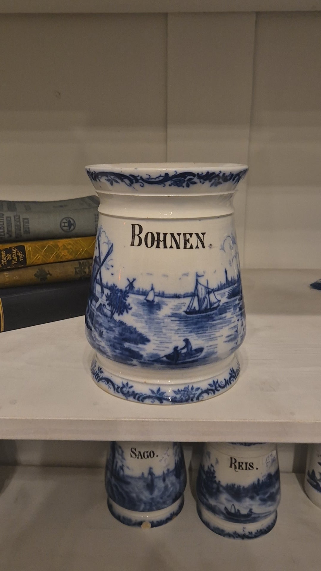 Antike H.H & Cie Delft Vorratsdose ohne Deckel blau weiß 120Jahre alt Kochlöffelhalter Aufschrift "Bohnen"