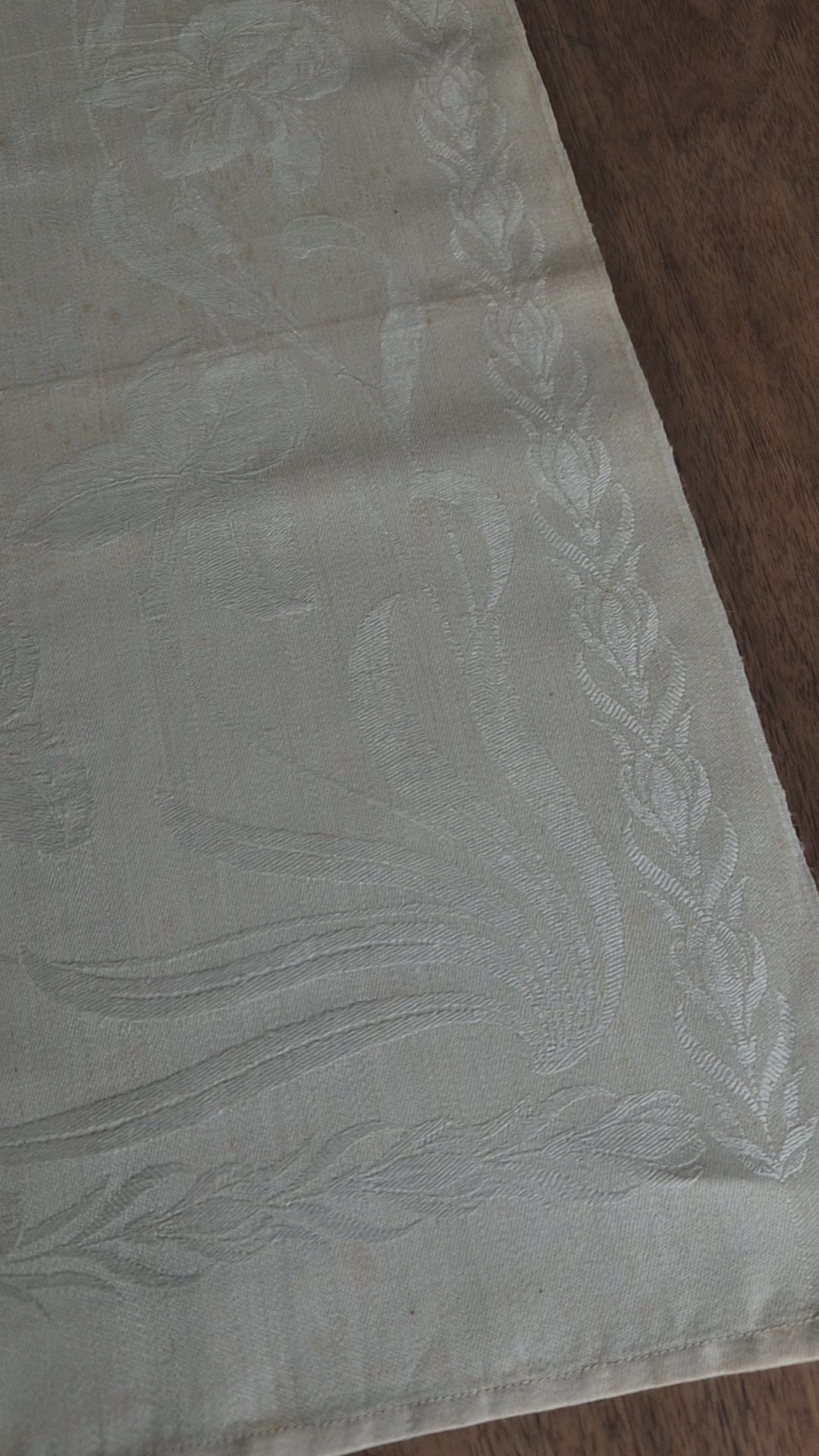 Antikes Jugendstil Küchen-&Geschirrtuch mit Spruch: "Frühlingsgefühle still Sorg und Leid" Damast beige cremeweiß🤍