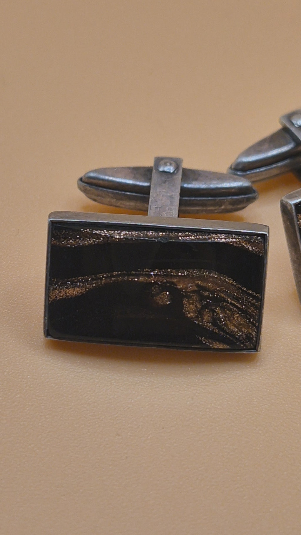 Vintage alte Manschettenknöpfe 835 echt Silber schwarz mit Glitzer!