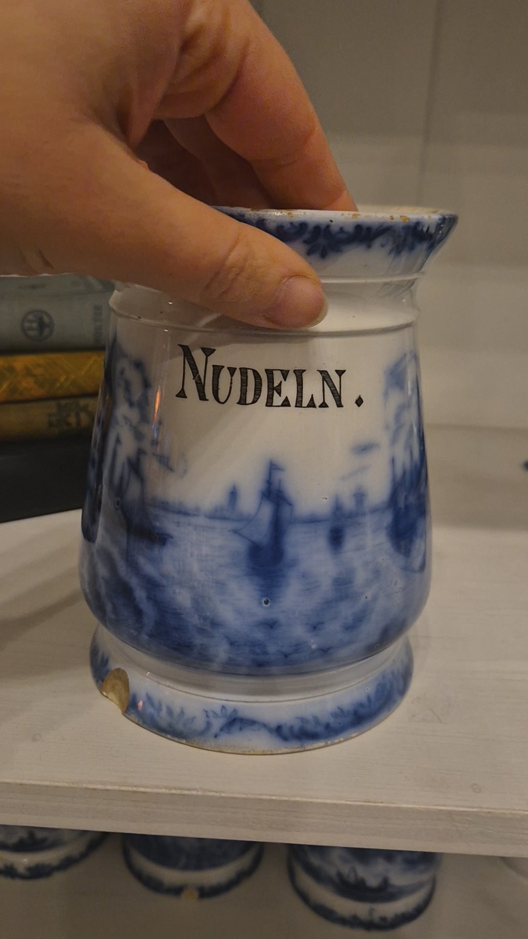 Antike H.H & Cie Delft Vorratsdose ohne Deckel blau weiß 120Jahre alt Kochlöffelhalter Aufschrift "Nudeln"