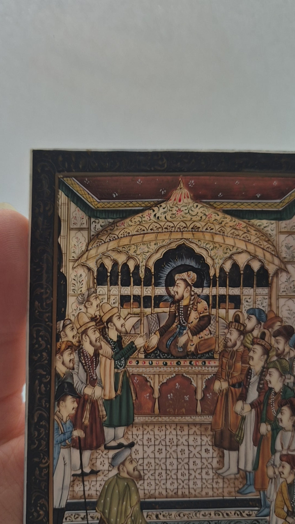 Antike Mogul Miniatur Gemälde Handarbeit König Shamjahan Taj Mahal Gericht Szene