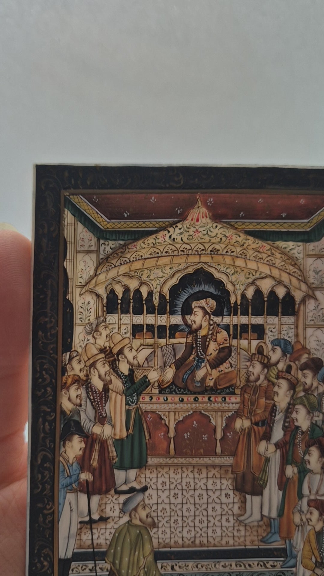 Antike Mogul Miniatur Gemälde Handarbeit König Shamjahan Taj Mahal Gericht Szene