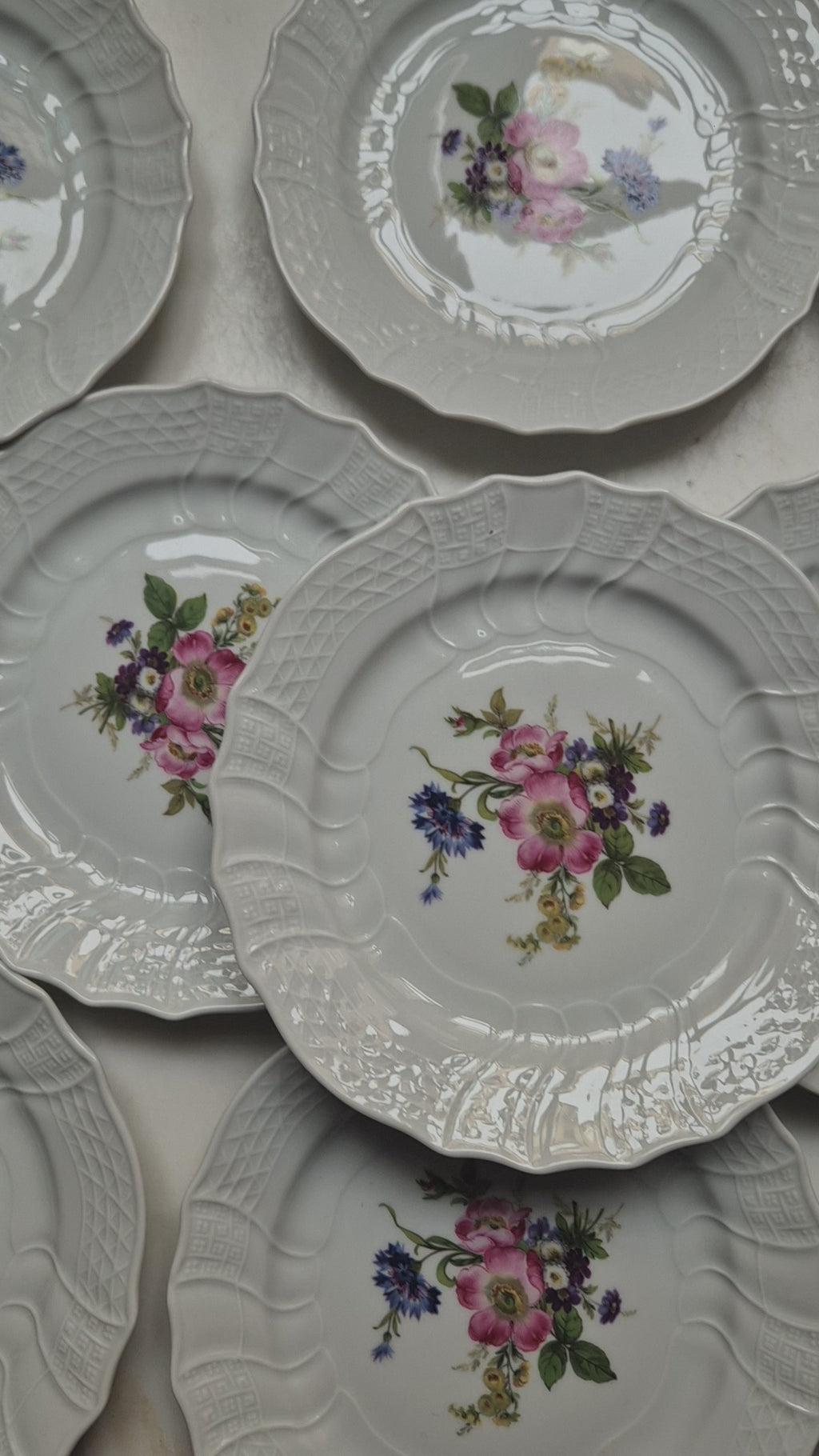 12x Antike Hutschenreuther  Porzellan Kuchenteller mit Blumenmotiv Reliefrand