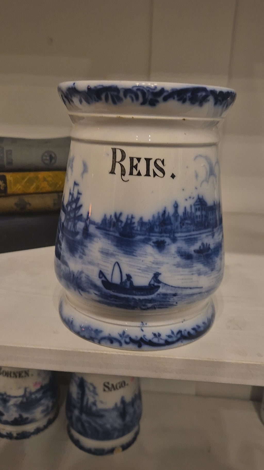 Antike H.H & Cie Delft Vorratsdose ohne Deckel blau weiß 120Jahre alt Kochlöffelhalter Aufschrift "Reis"