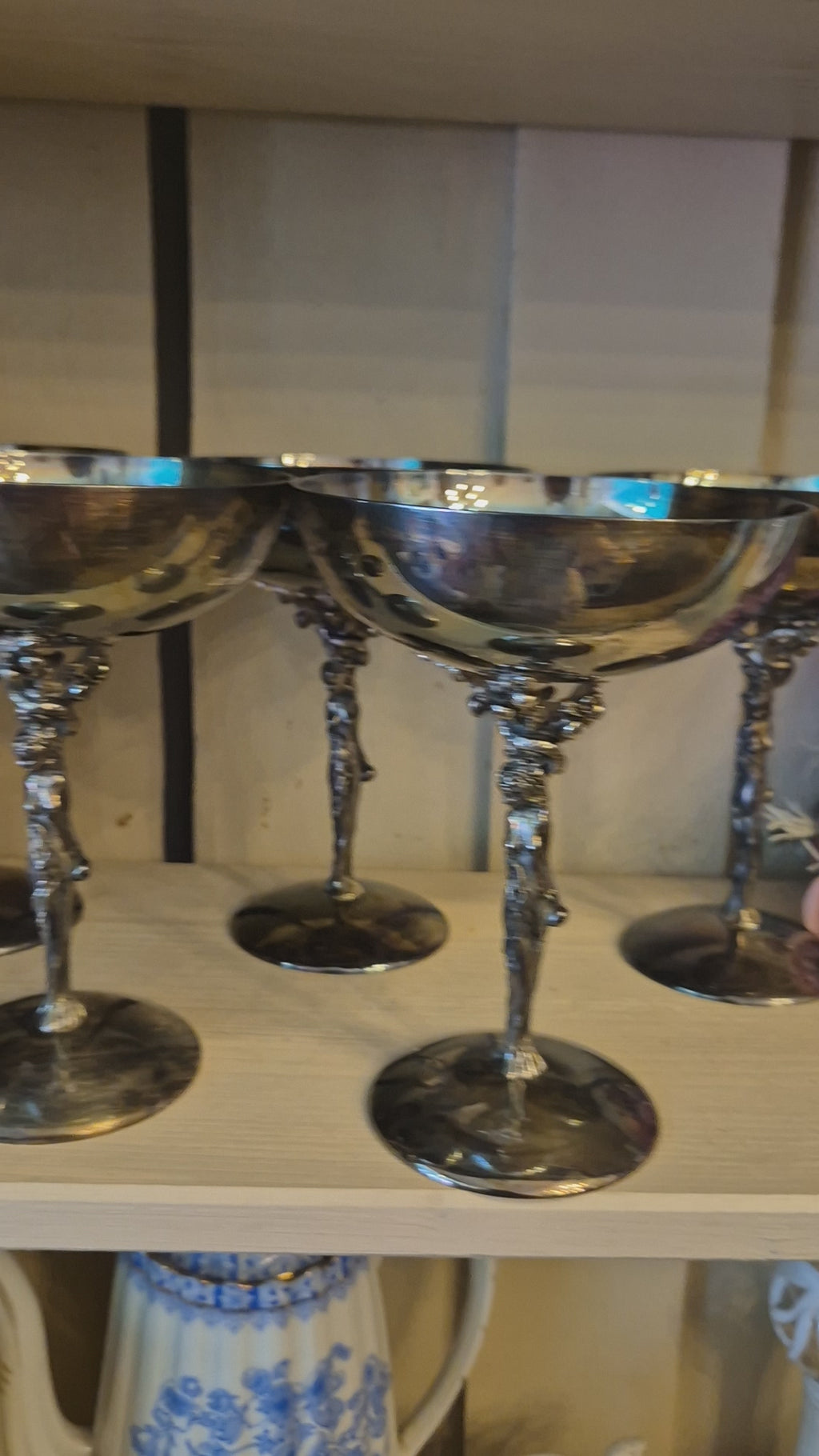 6x Dekorative Jugendstil Champagner Metallkelche versilbert - zum aufpolieren! "Eva mit Apfelbaum"