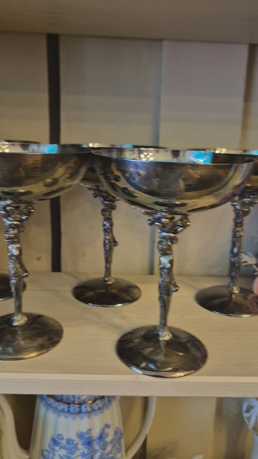 6x Dekorative Jugendstil Champagner Metallkelche versilbert - zum aufpolieren! "Eva mit Apfelbaum"