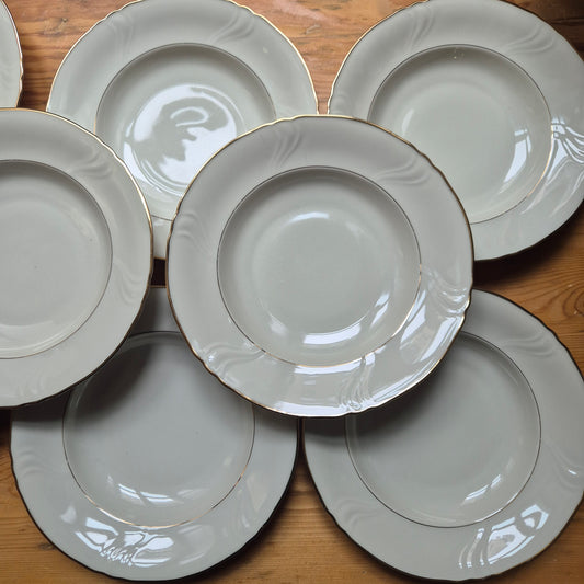 12x Vintage Porzellan Suppenteller Teller Elfenbeinfarbe mit Goldrand von Bavaria