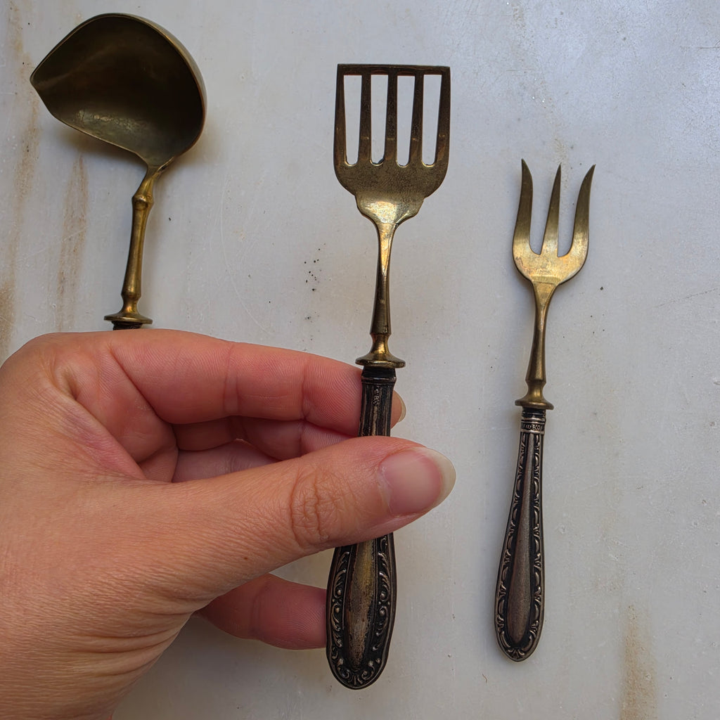 Antikes 3-teiliges Servierbesteck-Set - Vergoldet & Silbergriffe (800er Stempel) - Vintage Vorlegebesteck
