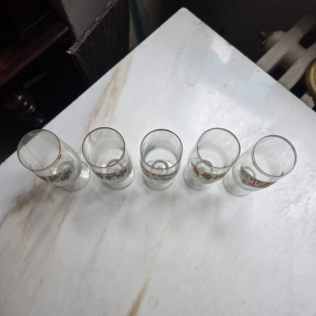 5x Vintage Sektgläser - Aperitifgläser mit Spielkarten-Motiv & Goldrand