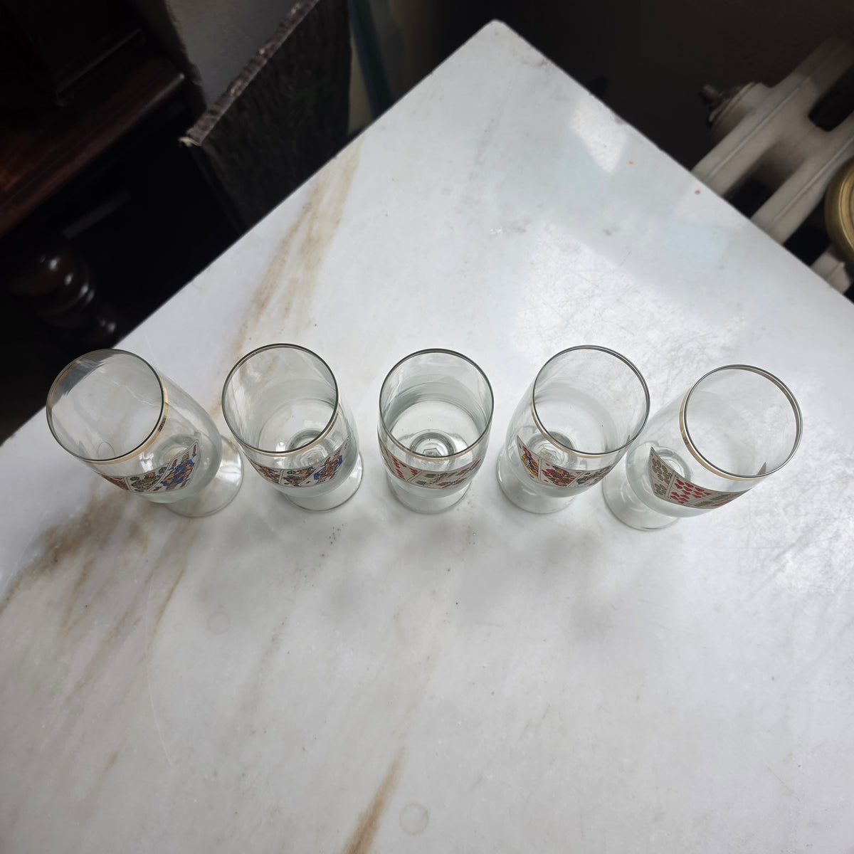 5x Vintage Sektgläser - Aperitifgläser mit Spielkarten-Motiv & Goldrand