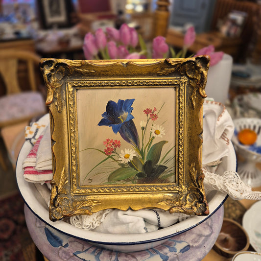 Altes gerahmtes Blumenbild blauer Enzian im Barock Stil Ölmalerei