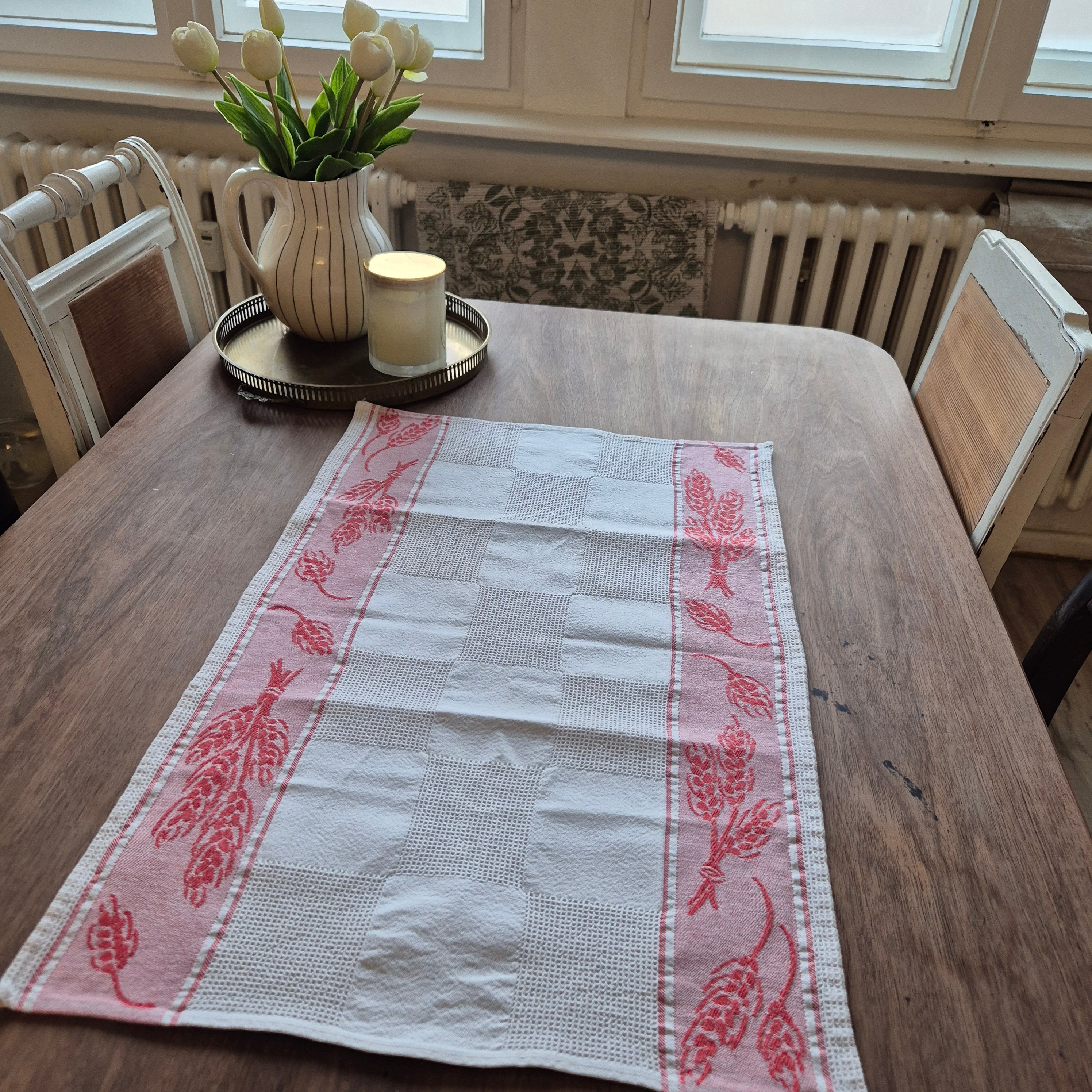 Antikes Jugendstil Küchen-& Geschirrhandtuch weiß rot Leinen 66x44cm Weizenmotiv Getreide ♡