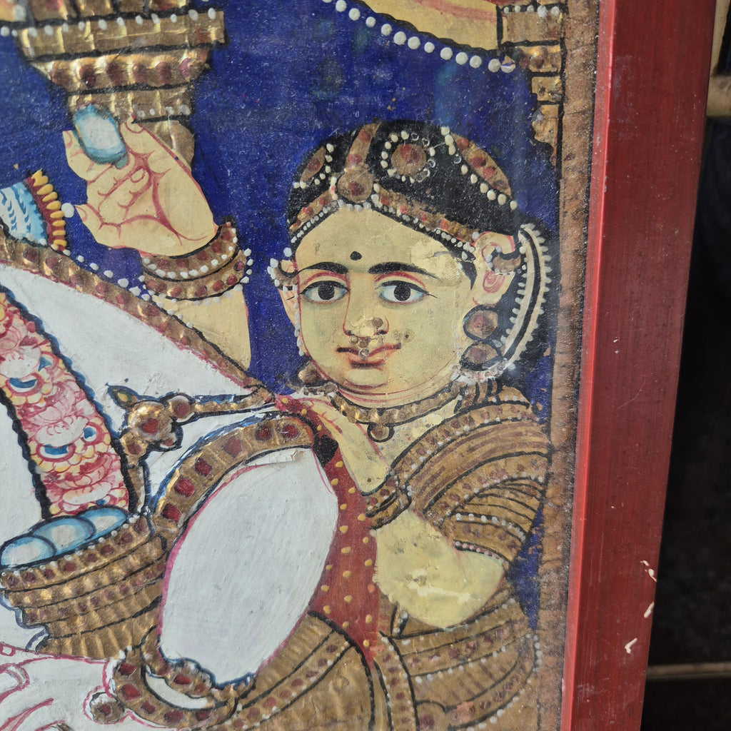 Antikes Tanjore Gemälde hinter Glas 19. Jahrhundert auf Holz