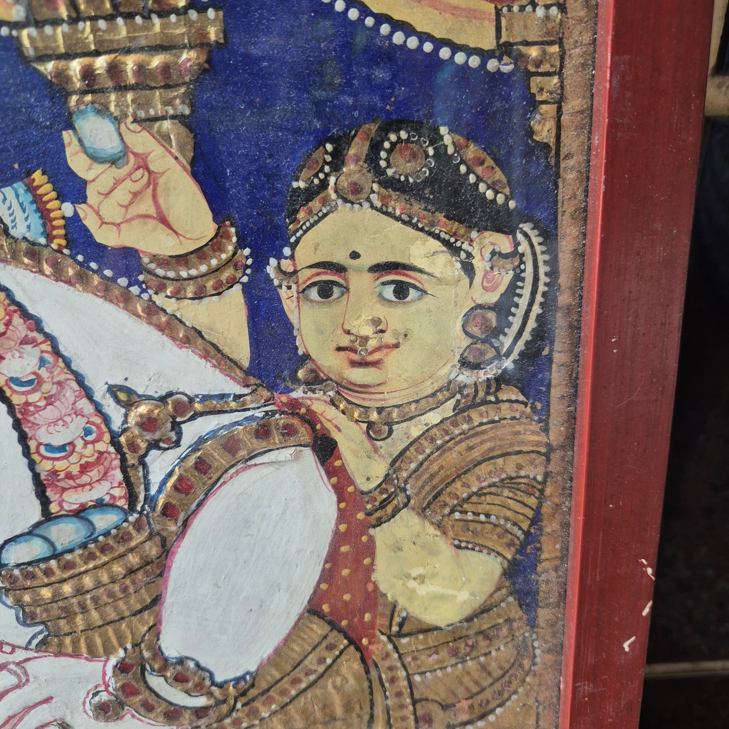 Antikes Tanjore Gemälde hinter Glas 19. Jahrhundert auf Holz