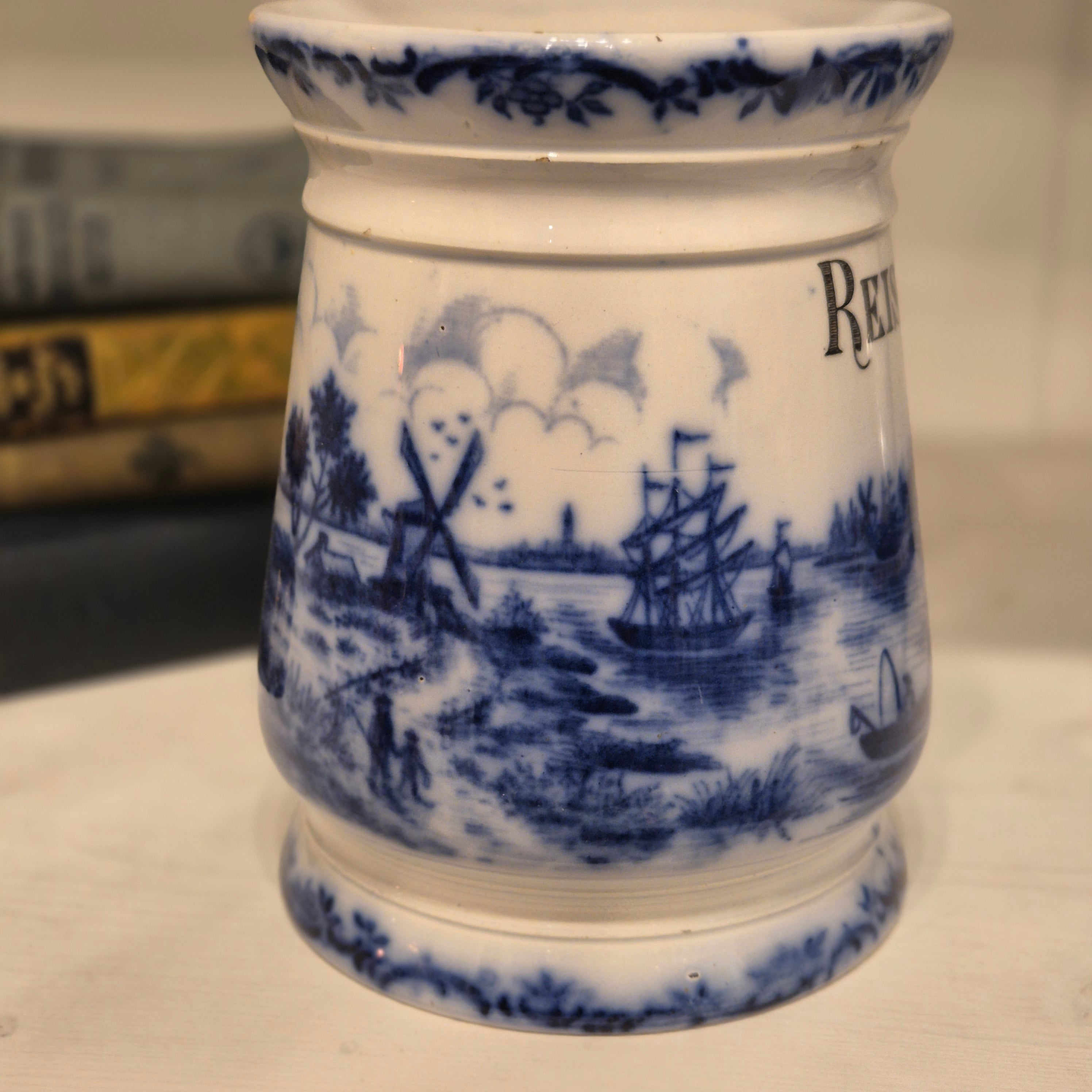 Antike H.H & Cie Delft Vorratsdose ohne Deckel blau weiß 120Jahre alt Kochlöffelhalter Aufschrift "Reis"