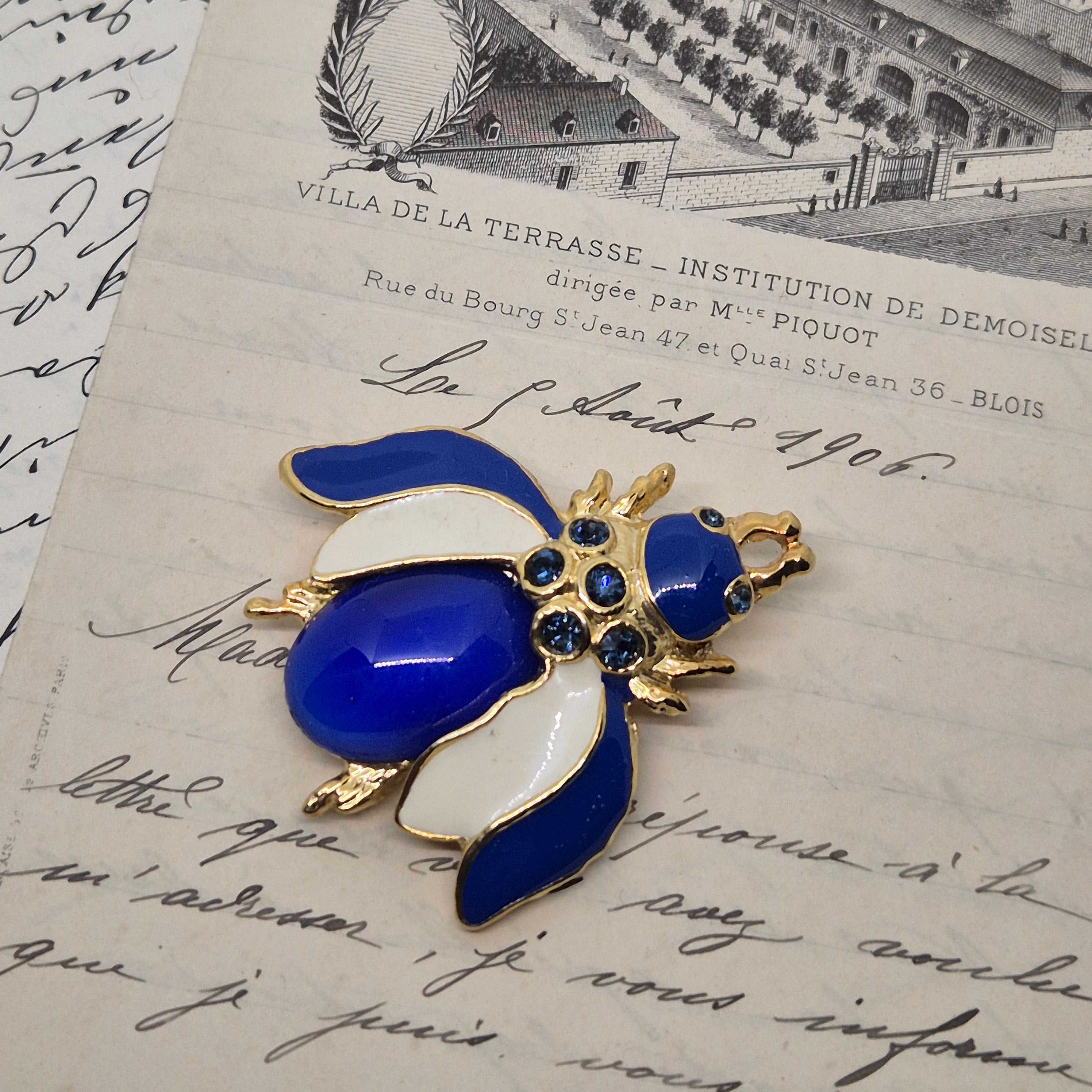50er Jahre Vintage Brosche großer Käfer Biene Blau weiß Gold Strass 5cm