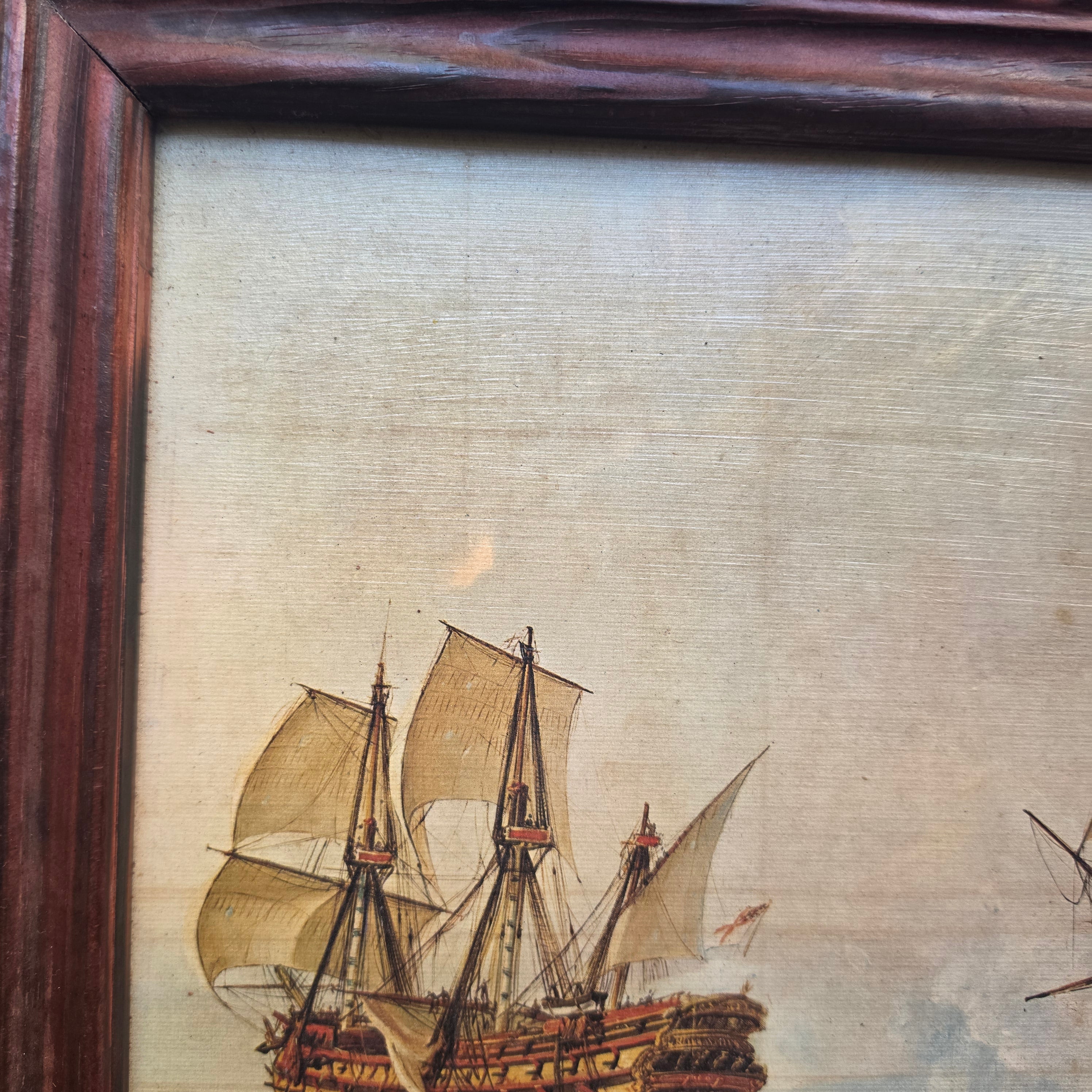 Vintage Maritimes Bild im Holzrahmen – Historische Seeschlacht mit Segelschiffen („Made in Spain“)