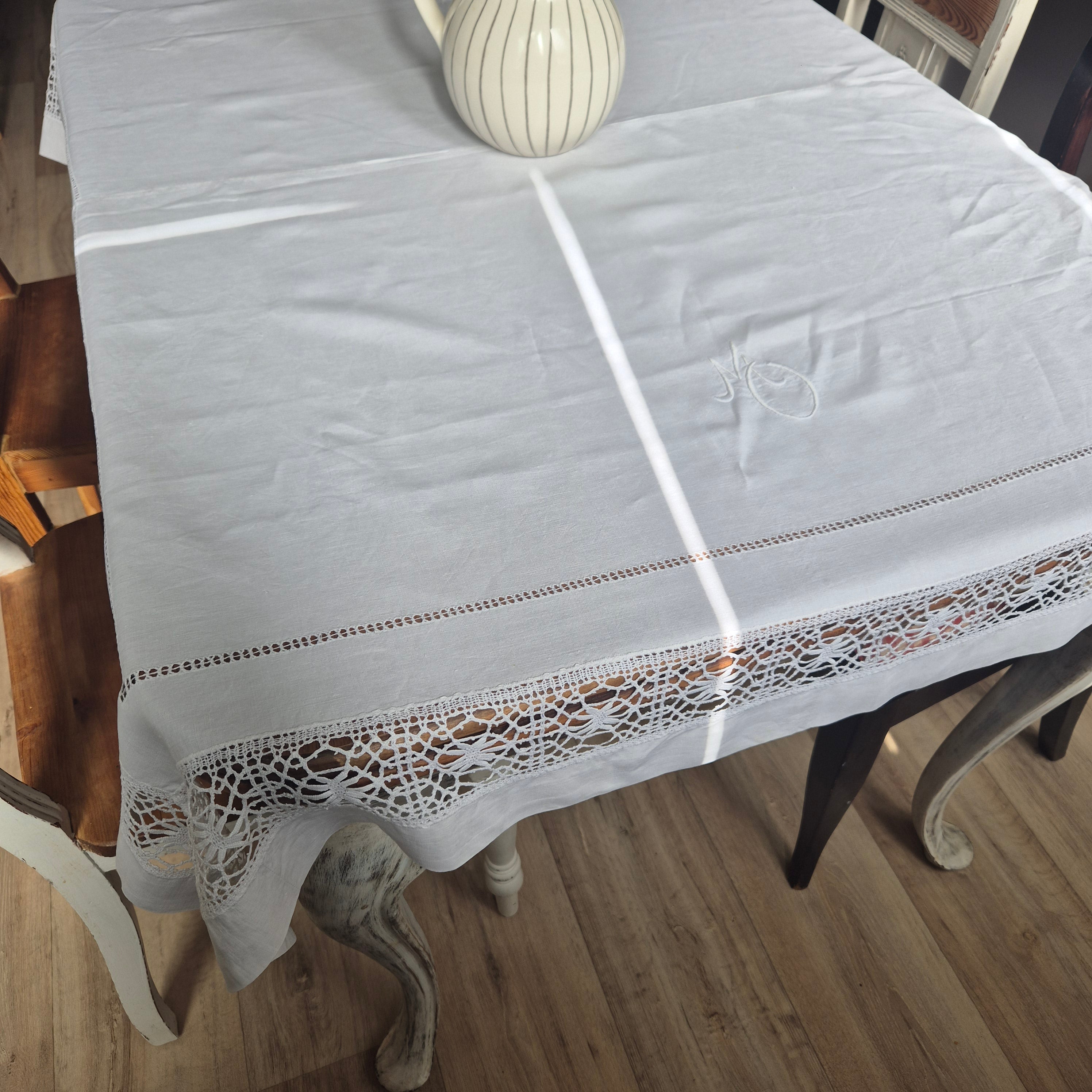 Antike Tischwäsche Leinen/Baumwolle Spitze weiß 120x140cm Tafel Königlich wunderschön! Monogramm M.O. ein Fleck 🤍