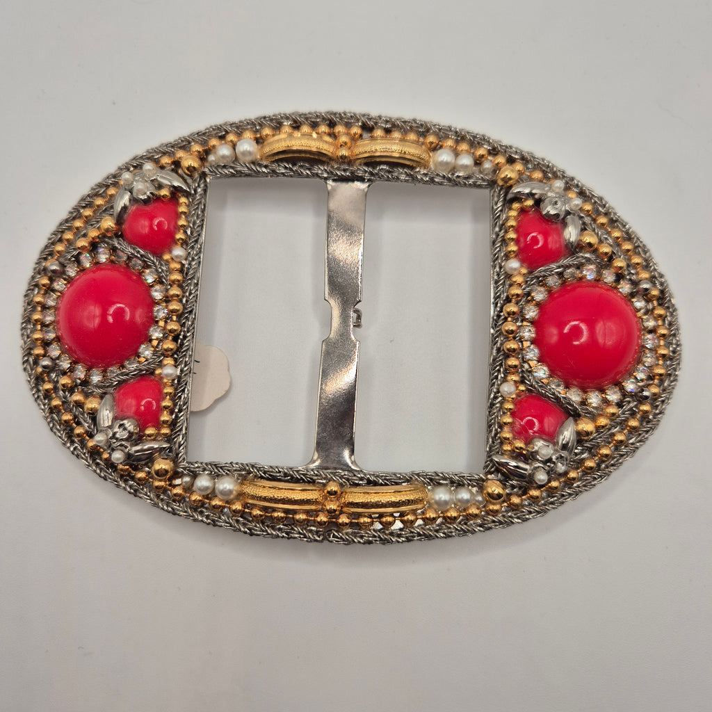 Große Vintage 80er Jahre Gürtelschnalle Oval Handmade rot schwarz gold