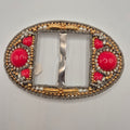 Große Vintage 80er Jahre Gürtelschnalle Oval Handmade rot schwarz gold