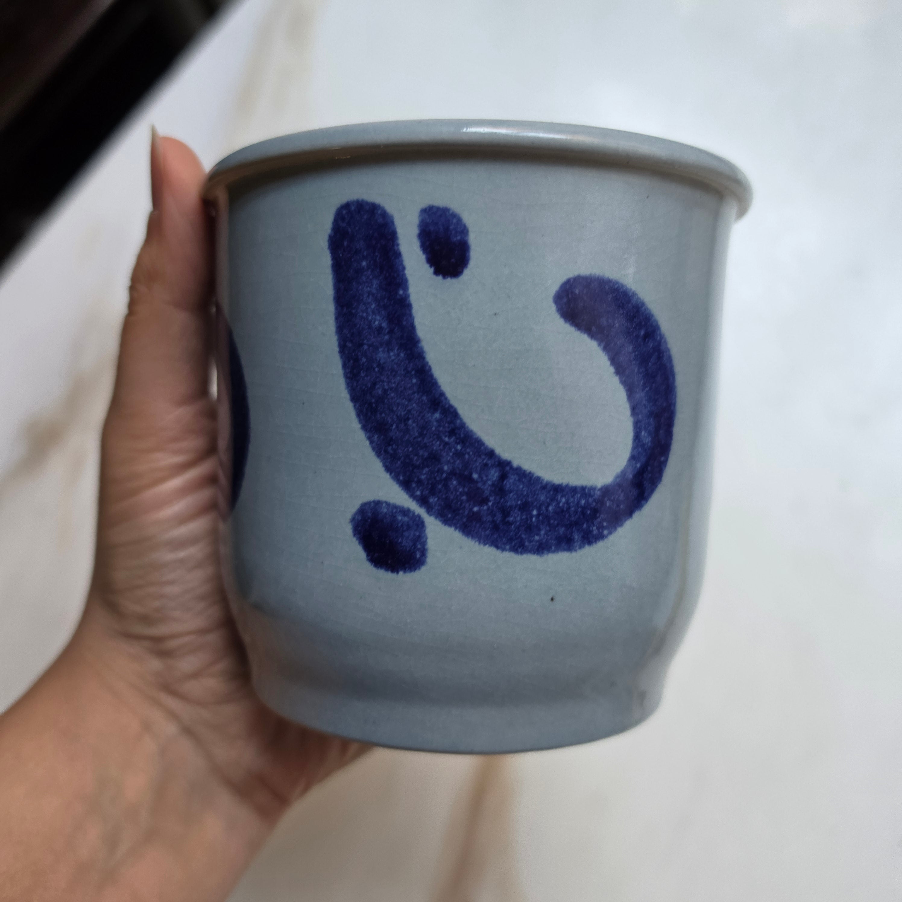 Alter Steinzeug Topf Grau Blau Handbemalt