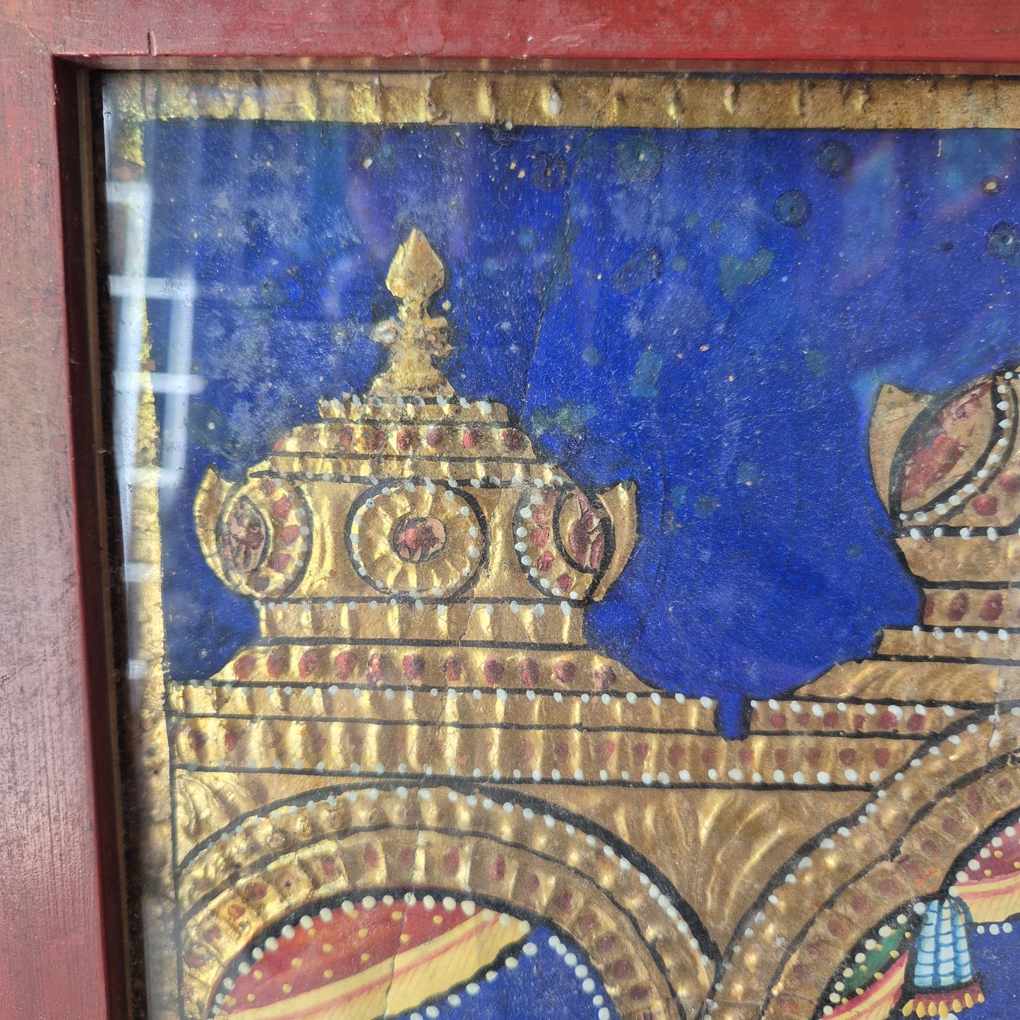 Antikes Tanjore Gemälde hinter Glas 19. Jahrhundert auf Holz