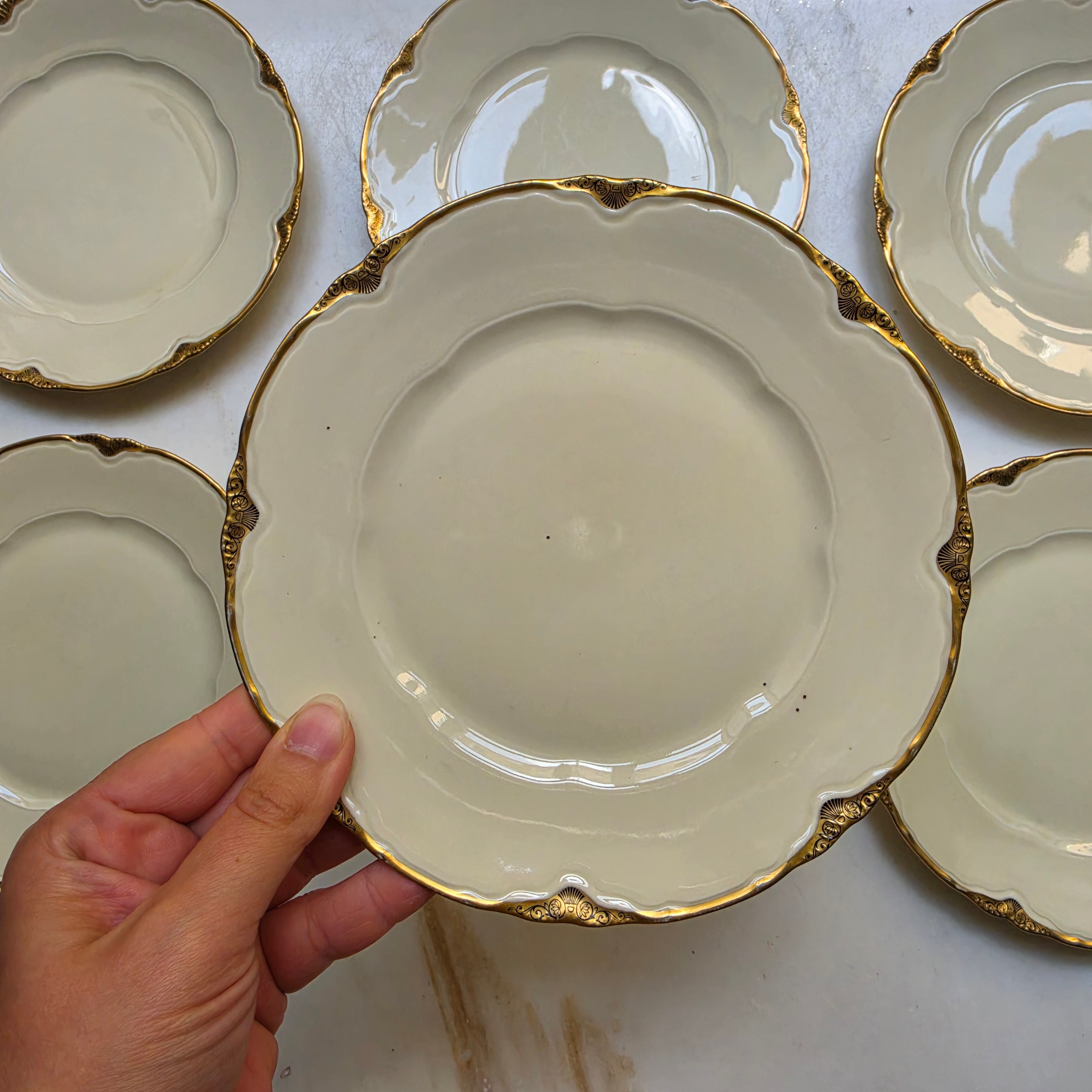 Antike Schönwald Porzellan-Essteller mit Goldrand & Muschelrelief (5er-Set) – Elfenbein/Creme (Kopie)