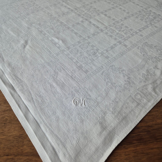 Antike Jugendstil Serviette/Mitteldecke weiß 62x62cm Monogramm C.H. Damast