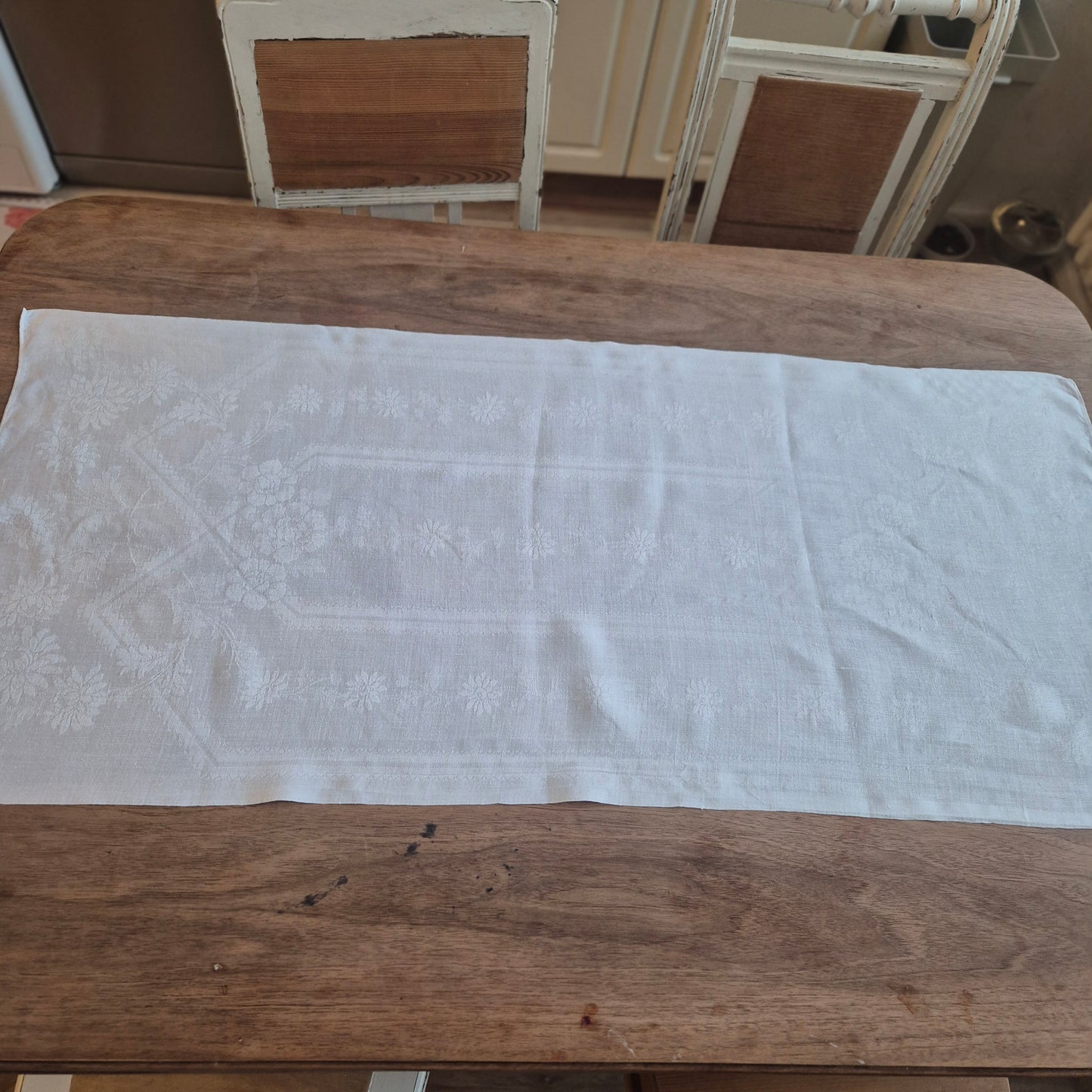 Antikes Jugendstil Küchen-&Geschirrtuch Damast weiß Baumwolle 50x112cm