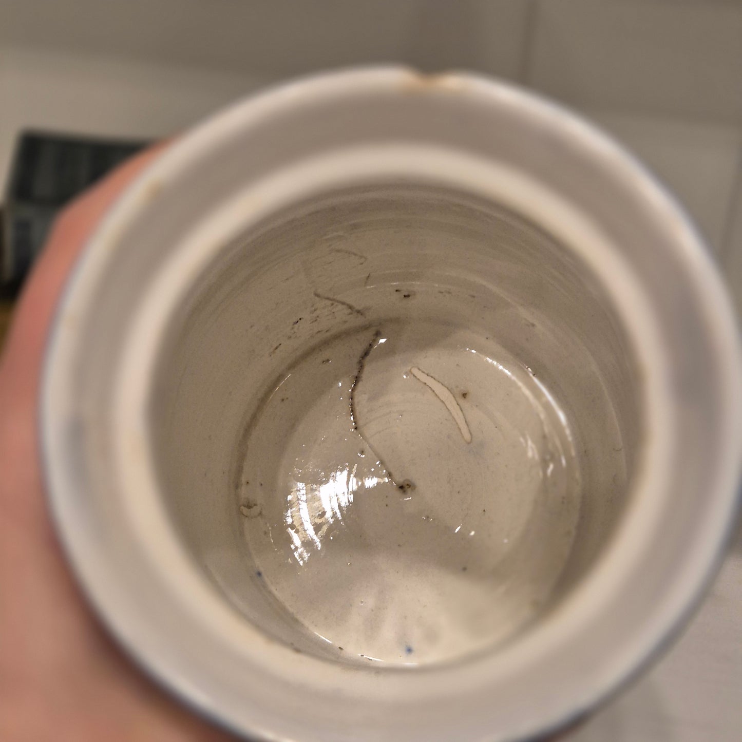 Antike H.H & Cie Delft Vorratsdose ohne Deckel blau weiß 120Jahre alt Kochlöffelhalter Aufschrift "Sago."