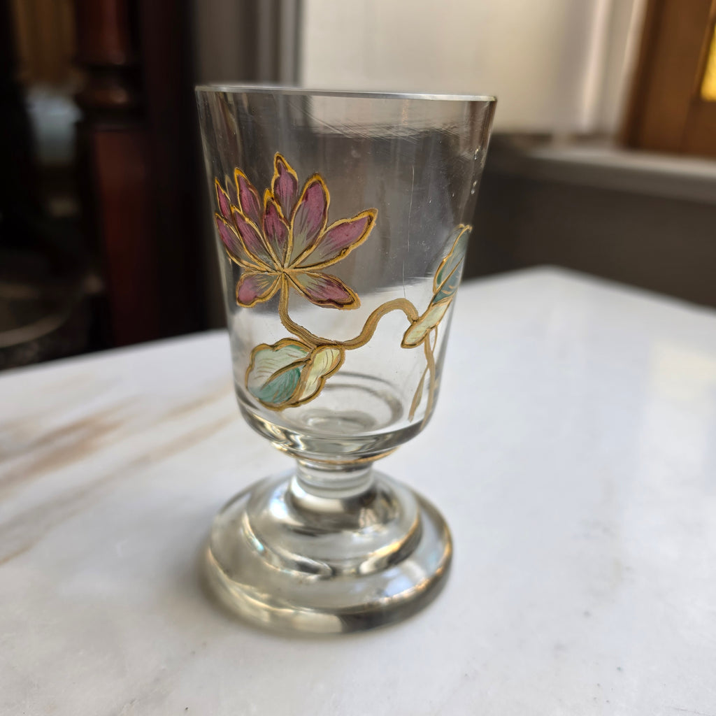 Antikes Jugendstil Likörglas / Schnapsglas – Handgemalt mit Emaille-Dekor & Goldstaffage - um 1900