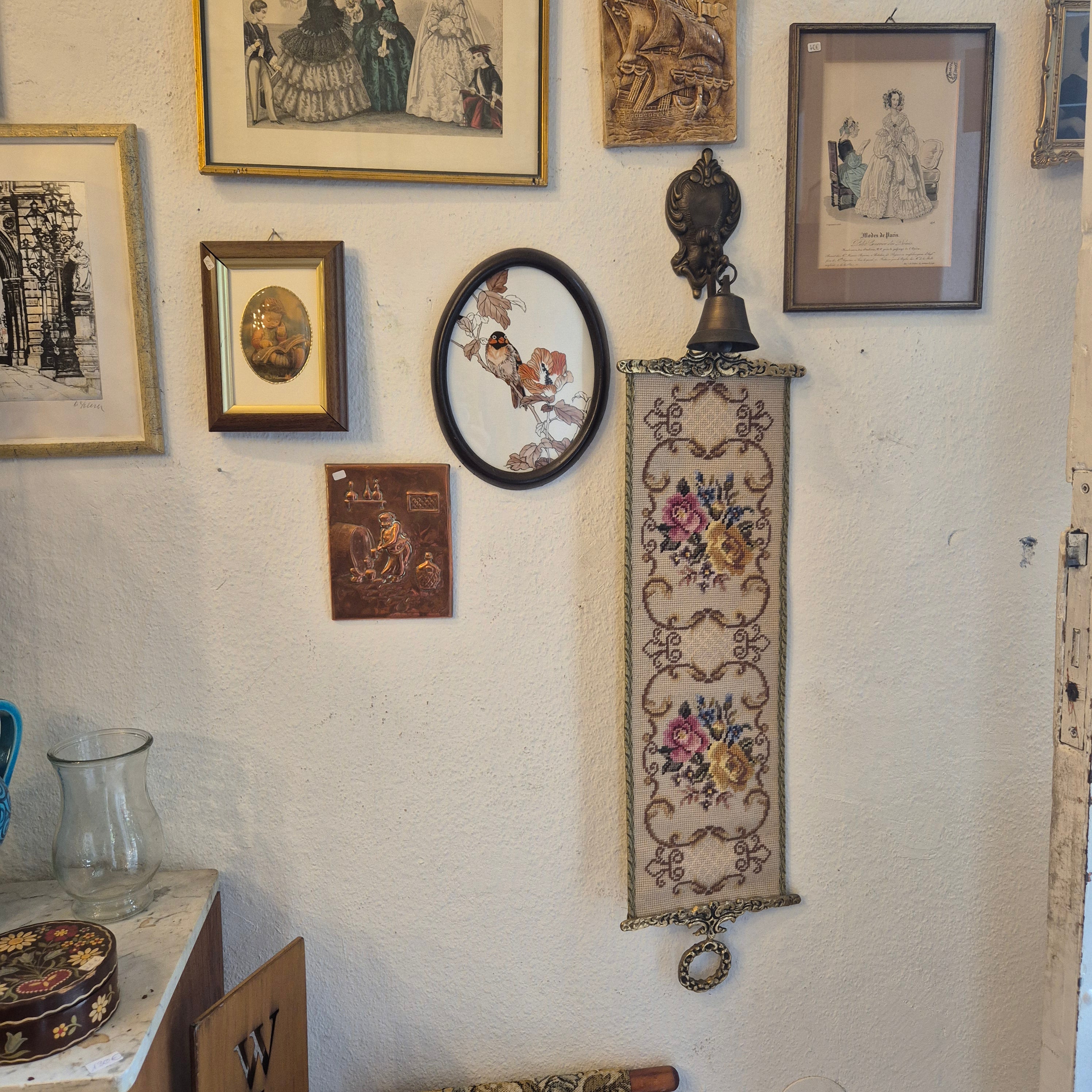 Wandbehang im Gobelin Stil echte Handarbeit & Glocke Türglöcke Tapisserie Bildwirkerei Vintage 60er Jahre