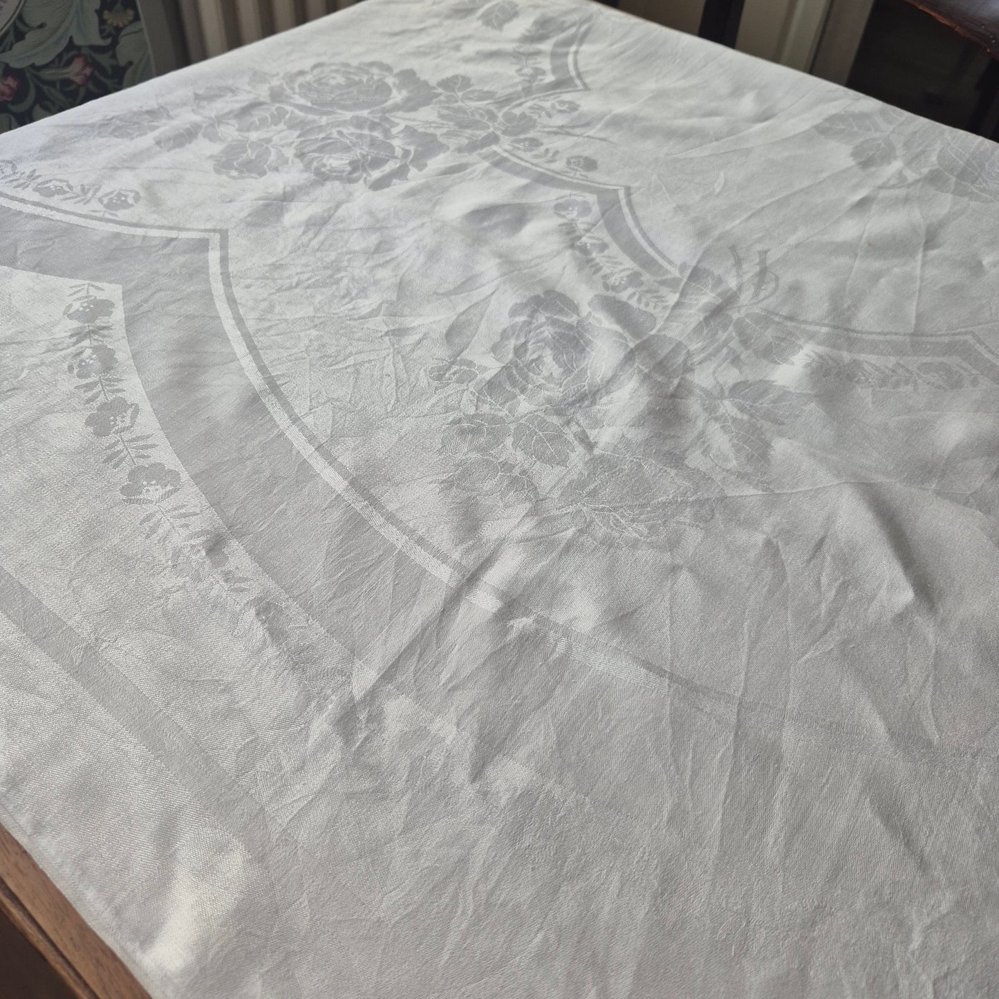 Antike Jugendstil Damast Baumwolle Tischdecke Weiß 160x160cm Rosenmuster