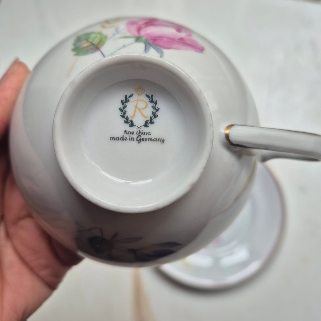 DDR Porzellan Gedeck 1x Tasse & 1x Kuchenteller mit Rosenmotiv