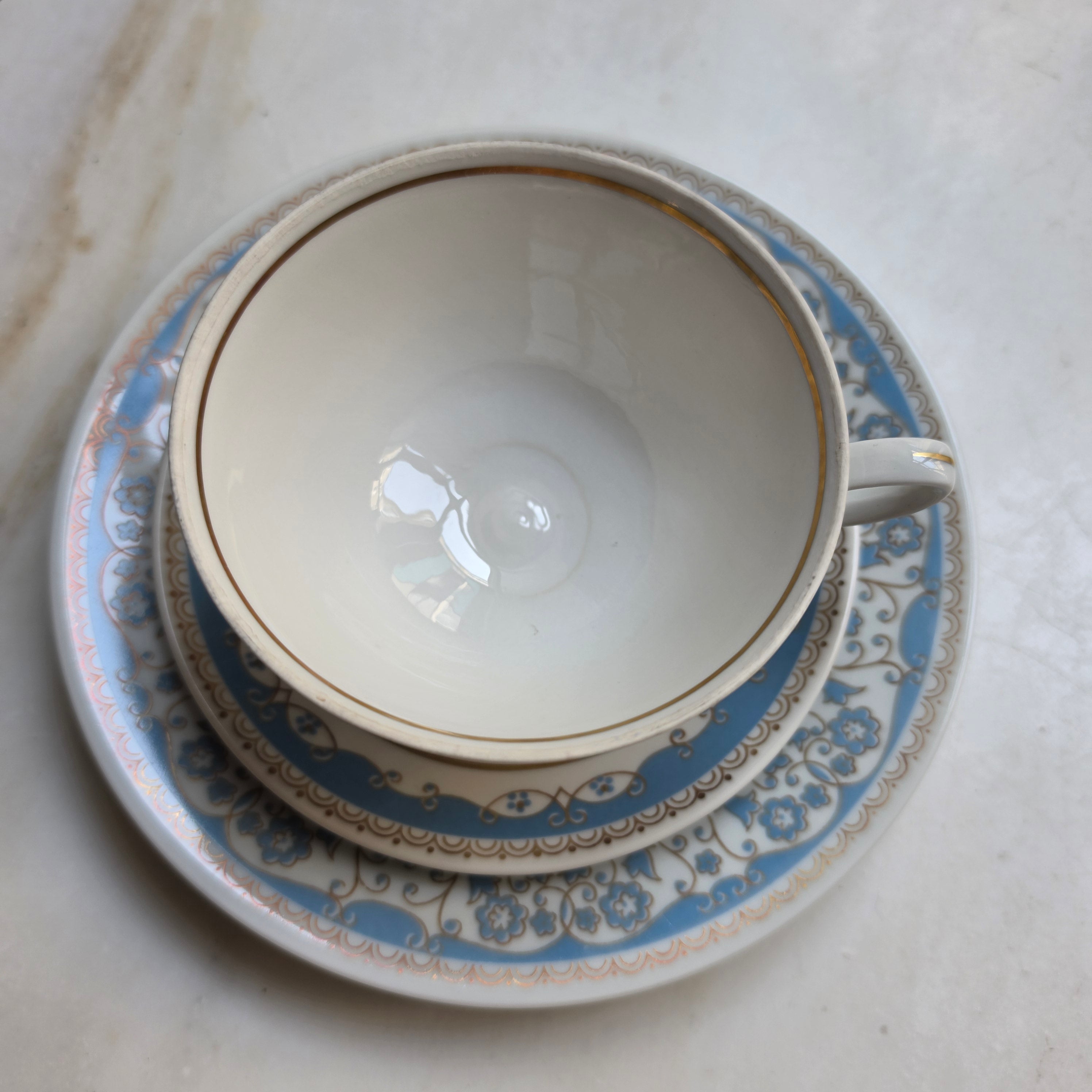 Antikes Teegedeck 3-teilig – CP Lettin Porzellan mit blauer Ornamentik & Goldrand
