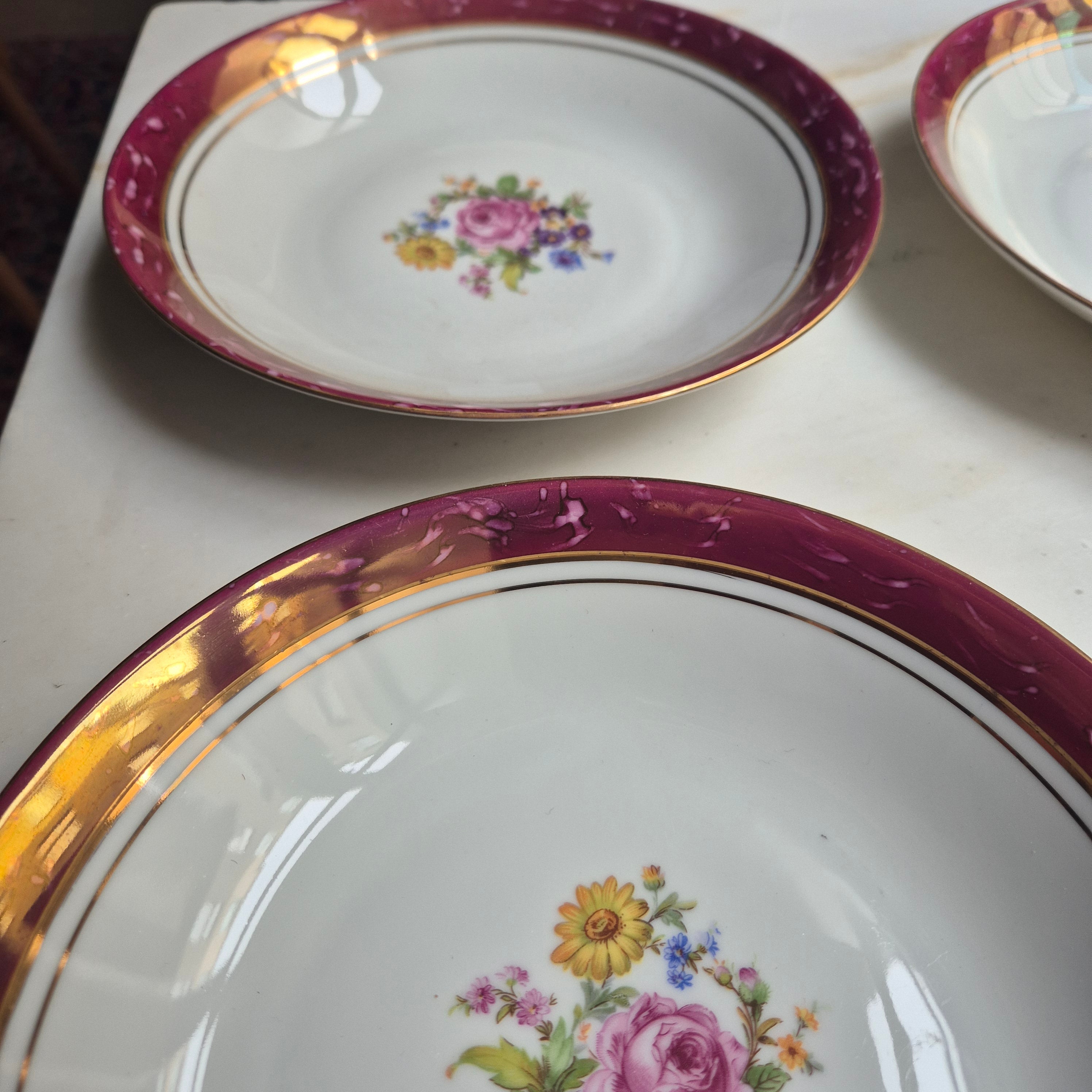 6x Antike tiefe Speiseteller Blumendekor weiß mit lila Goldrand