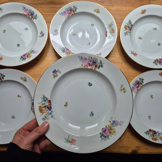 6x Antike Suppenteller Blumendekor weiß Goldrand Rosenthal