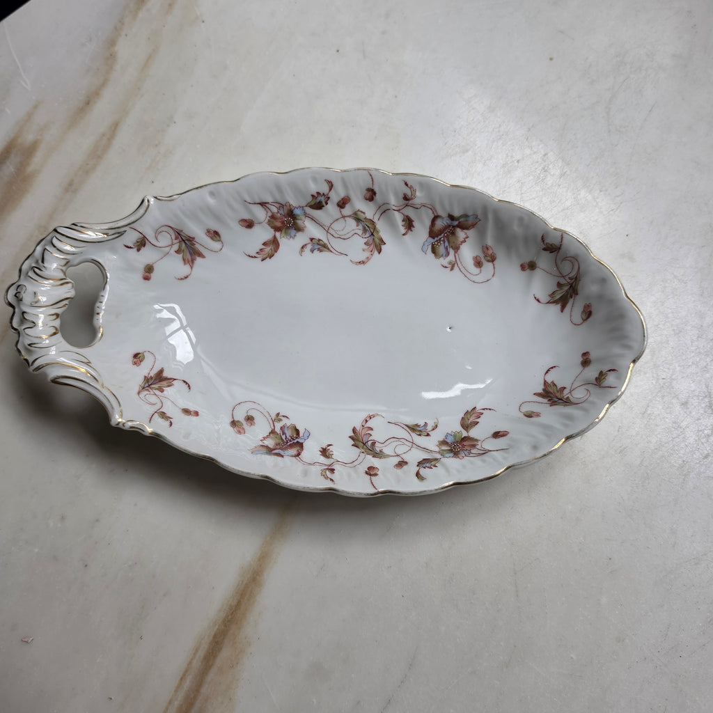 Antike Porzellan-Anbietschale mit floralem Dekor & Goldrand – Vintage Servierschale - Oval