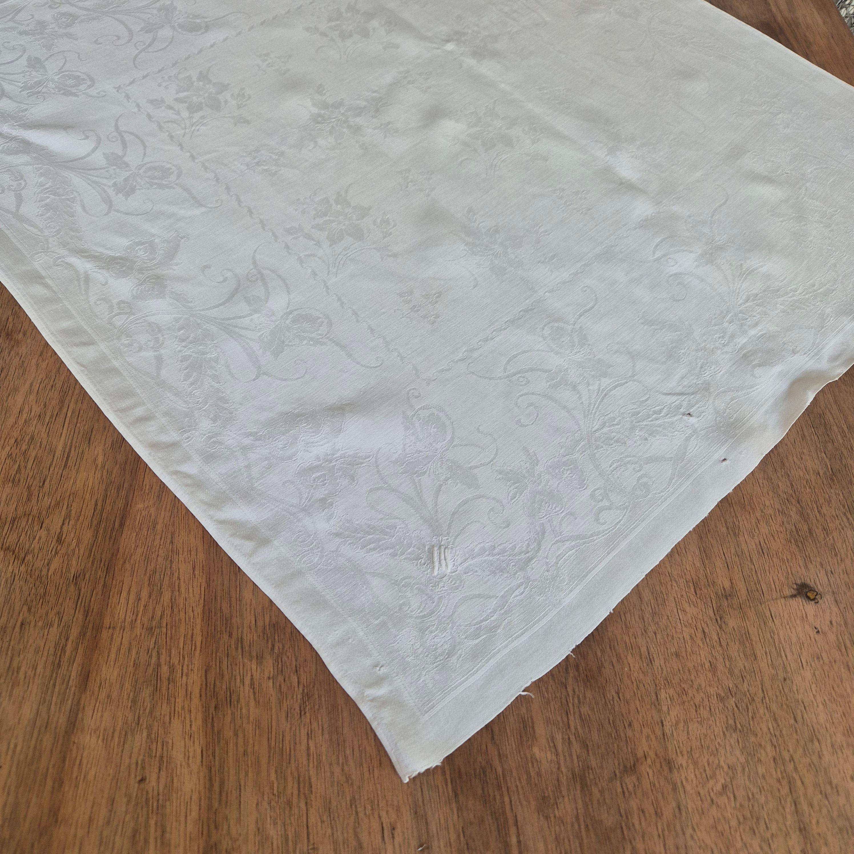 Antike Jugendstil Serviette Damast Baumwolle Monogramm M.weiß 71x68cm