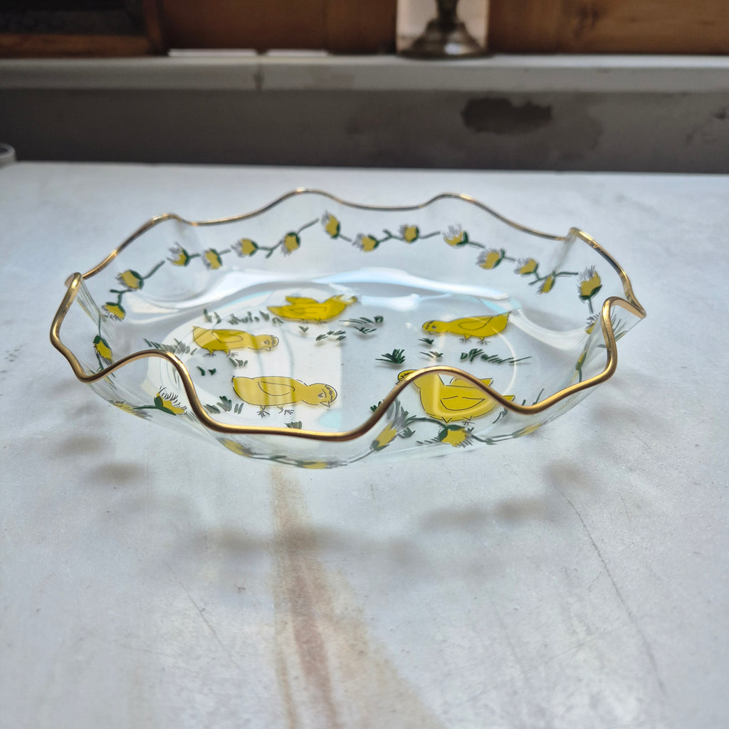 Vintage Küken Servierteller Ostern Glockenrand Gewellter Rand Glas