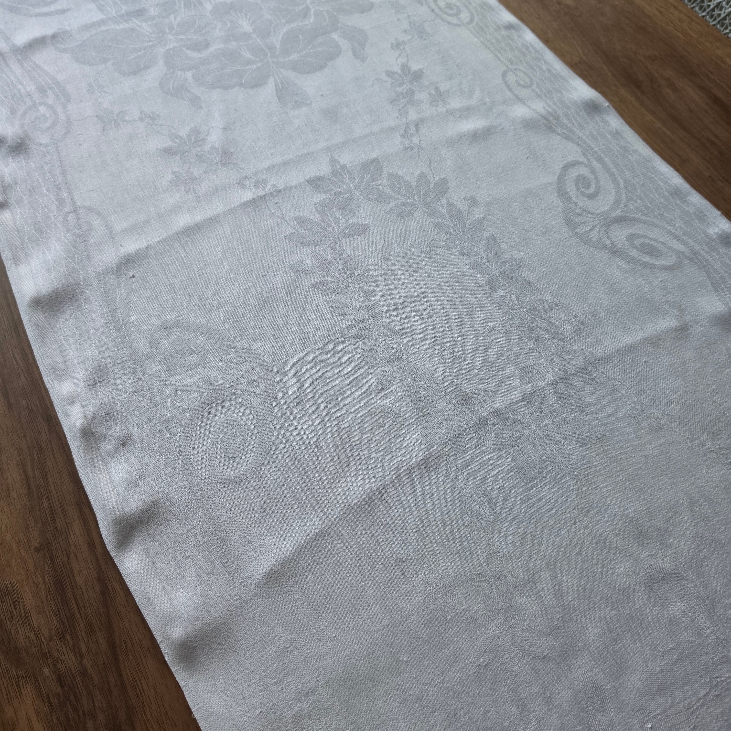 Antikes Damast-Geschirrtuch - Tischläufer - Halbleinen mit Jugendstil-Muster - 50x127cm