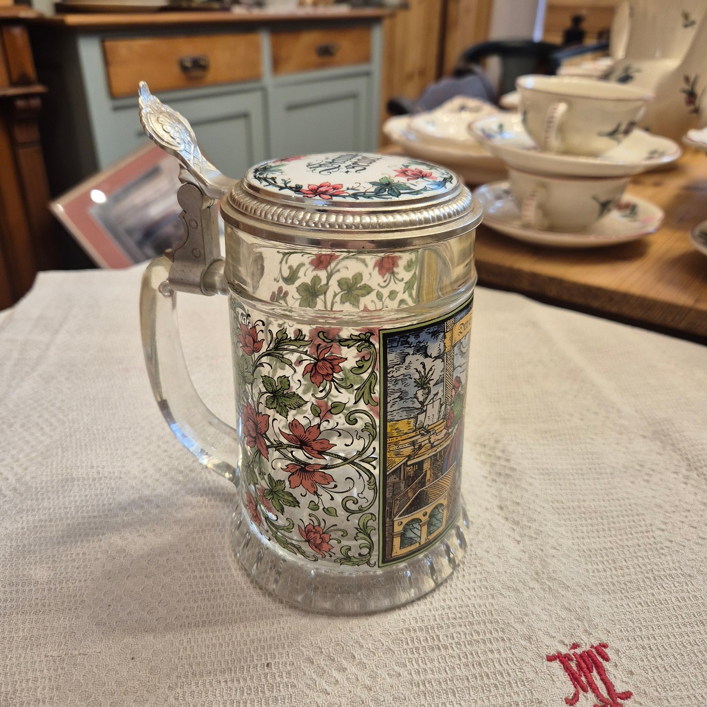 Vintage Glas Bierkrug mit Deckel Geschenk Der Schreiner Motiv